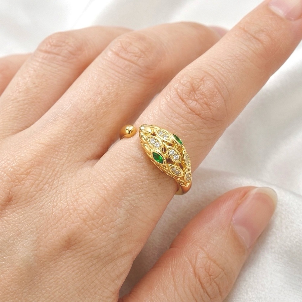 14K Gold Plated Emerald CZ Snake Serpent Adjustable Ring Luxury - Picture 4 of 5